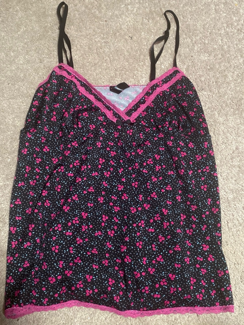 Black & Pink Floral Lace-Trim Cami Top